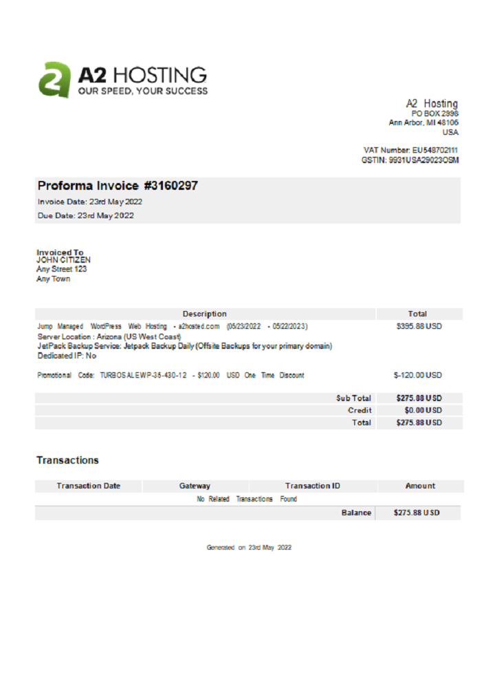 USA A2 Hosting invoice PSD template